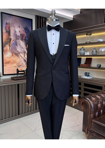 İtalyan stil slim fit ceket yelek pantolon damatlık set siyah T11635