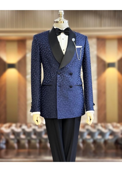 Italyan Stil Slim Fit Şal Yaka Kruvaze Ceket Pantolon Damatlık Set Lacivert T11796