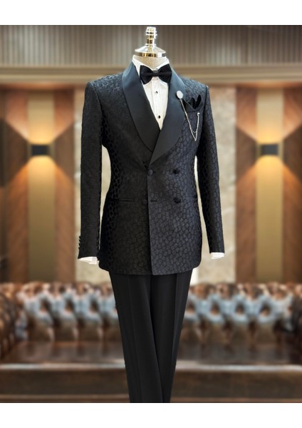 Italyan Stil Slim Fit Şal Yaka Kruvaze Ceket Pantolon Damatlık Set Siyah T11795