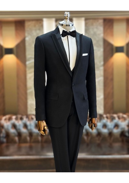 Italyan Kesim Slim Fit Ceket Yelek Pantolon Damatlık Set Siyah T11821