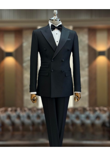 Italyan Kesim Slim Fit Kruvaze Ceket Pantolon Damatlık Set Siyah T11839