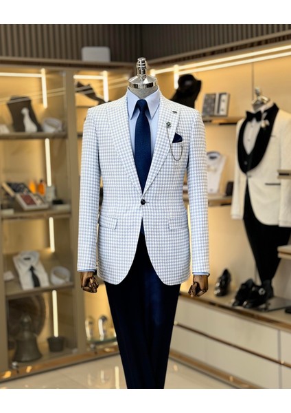 Italyan Stil Slim Fit Kazayağı Desen Erkek Ceket Mavi T11504