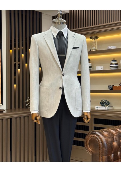 Italyan Stil Slim Fit Mono Yaka Torba Cep Erkek Ceket Gri T11506