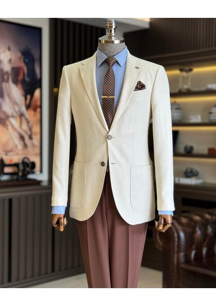 Italyan Stil Slim Fit Mono Yaka Erkek Ceket Krem T11532