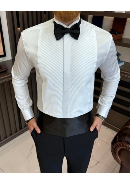 Italyan Stil Slim Fit Ata Yaka Pliseli Erkek Gömlek Beyaz T11602