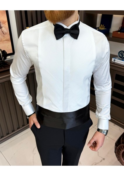 Italyan Stil Slim Fit Ata Yaka Pliseli Erkek Gömlek Beyaz T11602