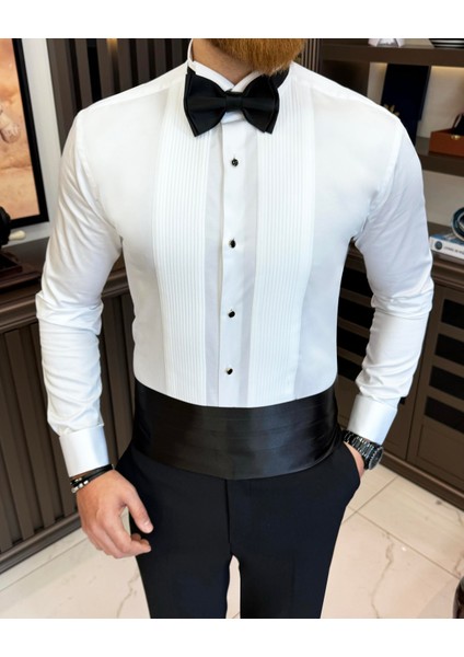 Italyan Stil Slim Fit Ata Yaka Pliseli Erkek Gömlek Beyaz T11603