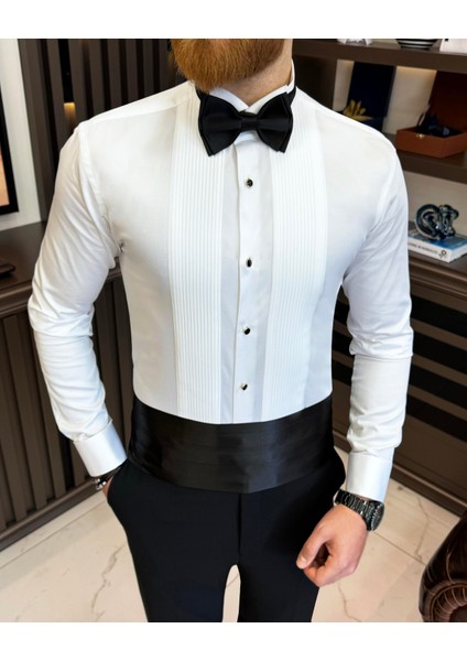 Italyan Stil Slim Fit Ata Yaka Pliseli Erkek Gömlek Beyaz T11603