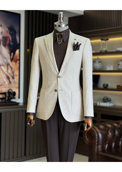 Italyan Stil Slim Fit Mono Yaka Erkek Ceket Bej T11536