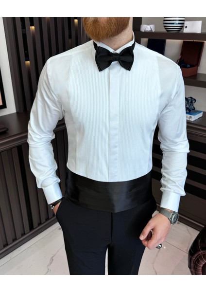 Italyan Stil Slim Fit Ata Yaka Duble Manşet Erkek Gömlek Beyaz T11601