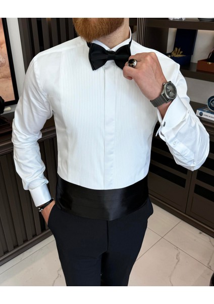 Italyan Stil Slim Fit Ata Yaka Duble Manşet Erkek Gömlek Beyaz T11601 modelleri
