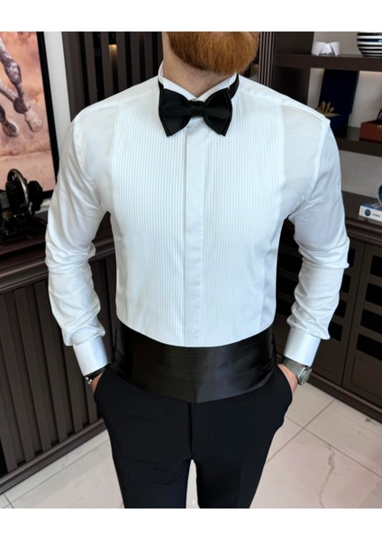 Italyan Stil Slim Fit Ata Yaka Duble Manşet Erkek Gömlek Beyaz T11601 indirimleri