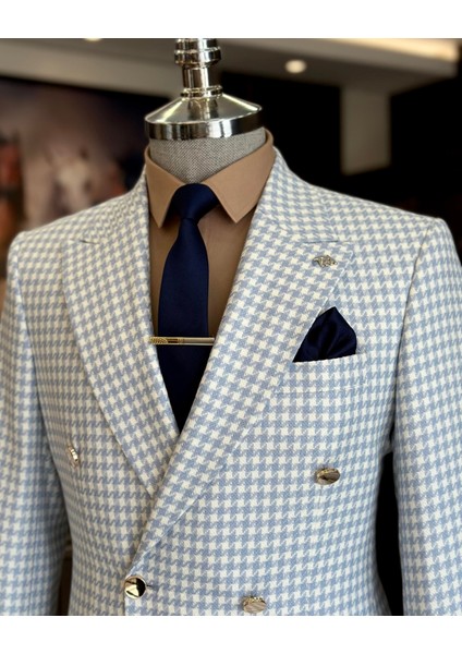 Italyan Stil Slim Fit Kazayağı Desen Kruvaze Erkek Ceket Mavi T11493 fiyatları