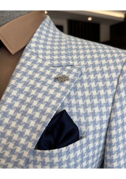 Italyan Stil Slim Fit Kazayağı Desen Kruvaze Erkek Ceket Mavi T11493 modelleri