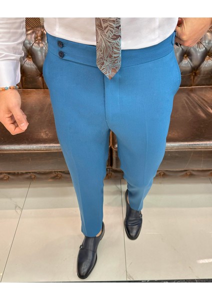 Italyan Stil Slim Fit Bel Detaylı Erkek Pantolon Mavi T11427
