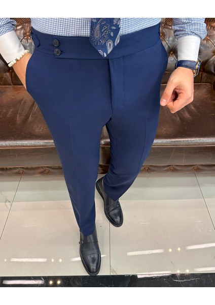 Terzi Adem Altun Italyan Stil Slim Fit Bel Detaylı Erkek Pantolon Lacivert T11428