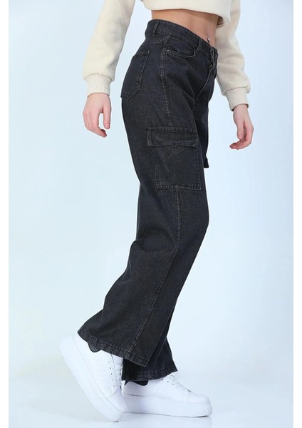 Kız Çocuk Kargo Cep Detaylı Yüksek Bel Wide Leg Kot Pantolon-Pnt-0029