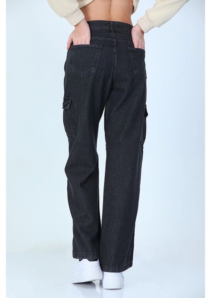 Kız Çocuk Kargo Cep Detaylı Yüksek Bel Wide Leg Kot Pantolon-Pnt-0029
