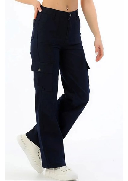 Kız Çocuk Kargo Cep Detaylı Yüksek Bel Wide Leg Lacivert PANTOLON-PNT-0029