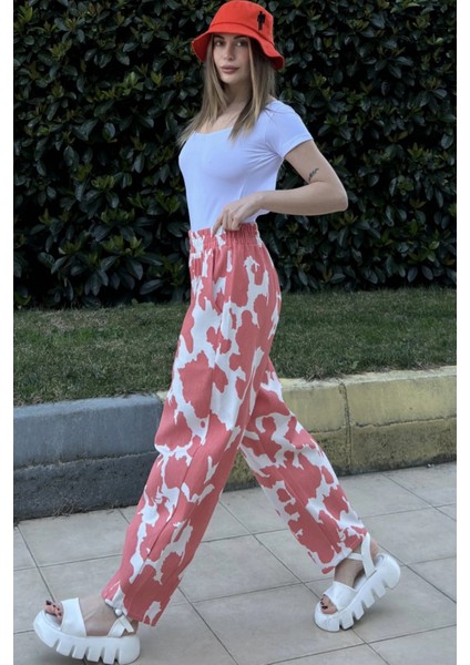 Kadın Mercan Beli Lastikli, Cepli, Desenli Gabardin Kumaş, Salaş Pantolon fiyatları