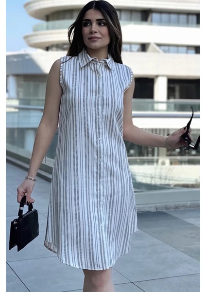 Kadın Bej Çizgili Desen, Ithal Kumaş, Kolsuz, Rahat Kesim, Midi Gömlek Elbise