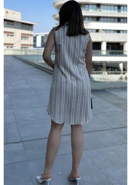 Kadın Bej Çizgili Desen, Ithal Kumaş, Kolsuz, Rahat Kesim, Midi Gömlek Elbise fiyatları