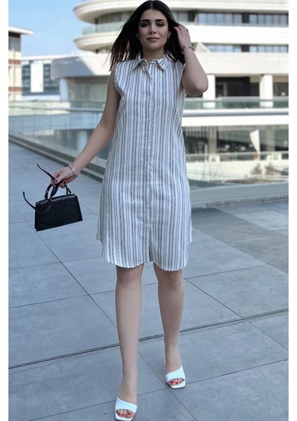 Kadın Bej Çizgili Desen, Ithal Kumaş, Kolsuz, Rahat Kesim, Midi Gömlek Elbise modelleri