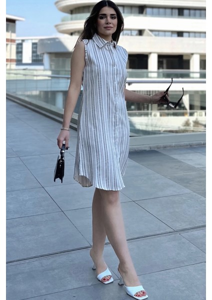 Kadın Bej Çizgili Desen, Ithal Kumaş, Kolsuz, Rahat Kesim, Midi Gömlek Elbise fırsatları