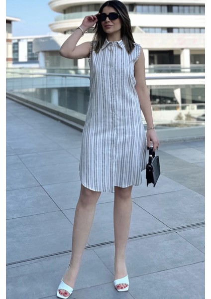 Kadın Bej Çizgili Desen, Ithal Kumaş, Kolsuz, Rahat Kesim, Midi Gömlek Elbise indirimleri