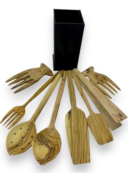Zeytin Ağacı 8 Parça Set Handmade Ahşap Kaşık Spatula Salata Eli Çatal Kevgir Maşa Kutu
