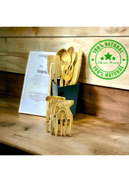 Zeytin Ağacı 8 Parça Set Handmade Ahşap Kaşık Spatula Salata Eli Çatal Kevgir Maşa Kutu