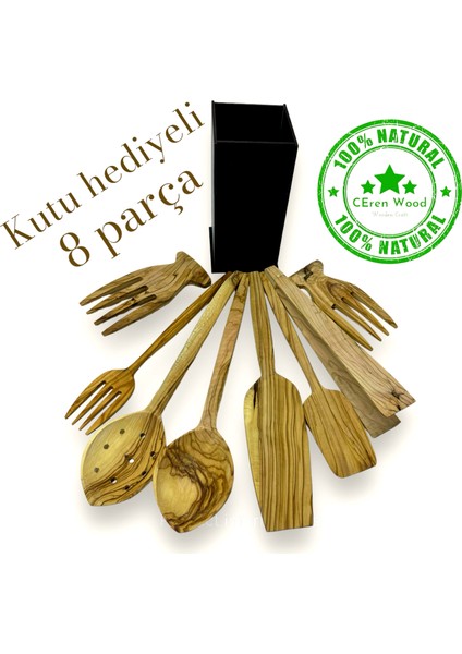 Zeytin Ağacı 8 Parça Set Handmade Ahşap Kaşık Spatula Salata Eli Çatal Kevgir Maşa Kutu
