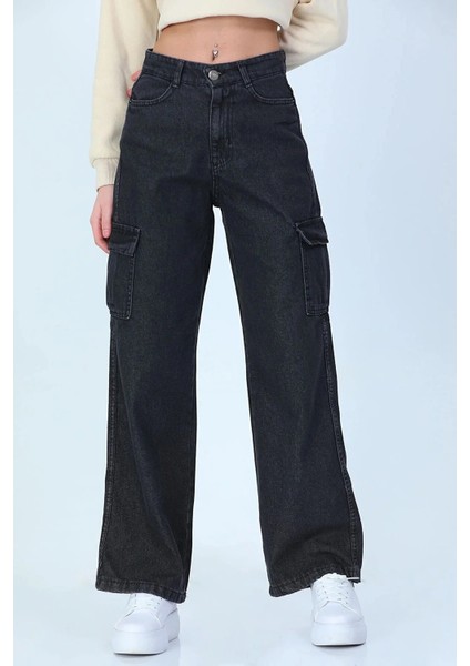 Kız Çocuk Kargo Cep Detaylı Yüksek Bel Wide Leg Kot PANTOLON-PNT-0029