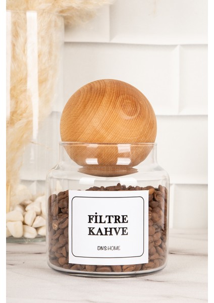 3'lü Ahşap Top Kapaklı Nescafe,türk Kahvesi,filtre Kahve Etiketli Cam Saklama Kabı Kavanoz 500 ml