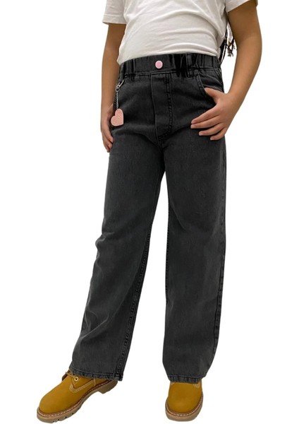 Kız Çocuk Komple Bel Lastikli Bol Paça Rahat Günlük Jean Kot PANTOLON-PNT-0017
