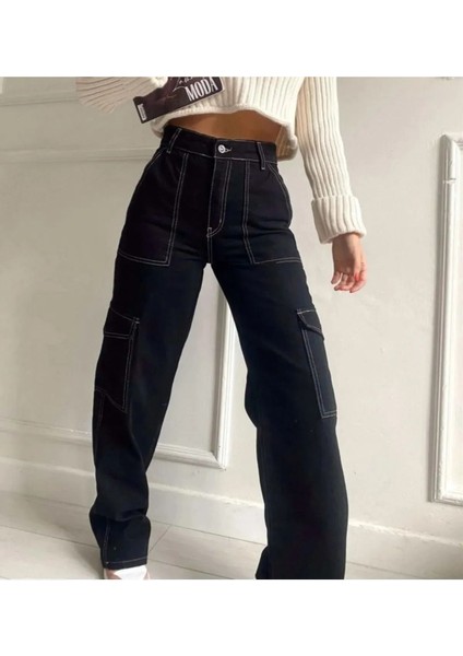 Kız Çocuk Siyah Ters Diliş Detaylı Denim Kargo Pantolon Kot Jean-PNT-0026