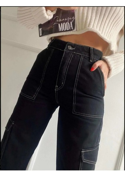 Kız Çocuk Siyah Ters Diliş Detaylı Denim Kargo Pantolon Kot Jean-PNT-0026 fiyatları