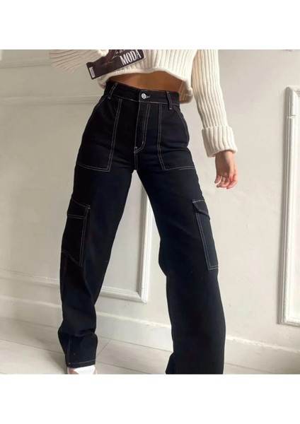 Kız Çocuk Siyah Ters Dikiş Detaylı Denim Kargo Pantolon Kot Jean PANTOLON-PNT-0029