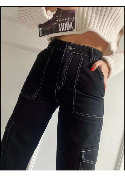 Kız Çocuk Siyah Ters Dikiş Detaylı Denim Kargo Pantolon Kot Jean PANTOLON-PNT-0029