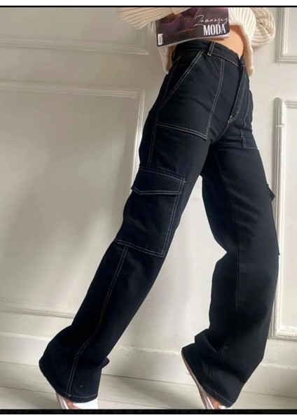 Kız Çocuk Siyah Ters Dikiş Detaylı Denim Kargo Pantolon Kot Jean PANTOLON-PNT-0029