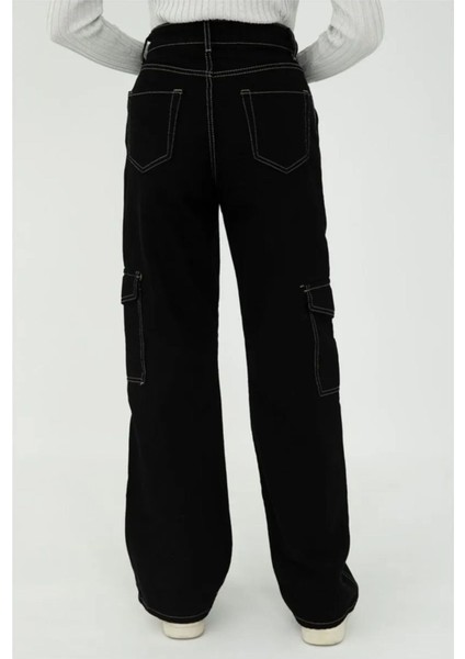 Kız Çocuk Siyah Ters Dikiş Detaylı Denim Kargo Pantolon Kot Jean PANTOLON-PNT-0029