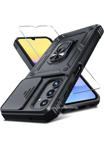Samsung Galaxy A15 Kılıf Kamera Korumalı Sürgülü Yüzüklü Armor Military Zırh Tank Standlı + 9h Ekran Koruma Camı