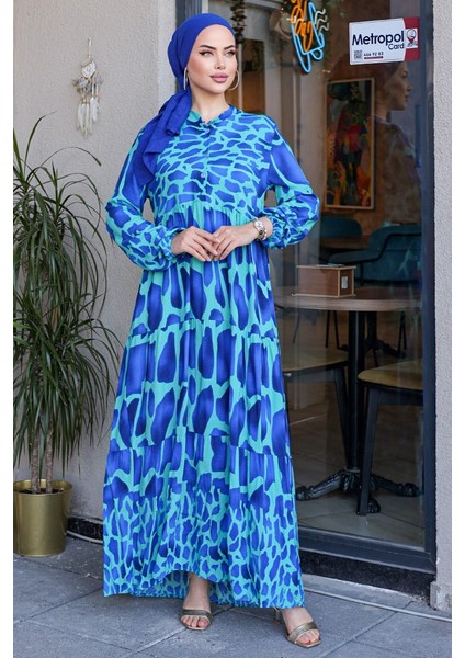 Parça Desen Dokuma Viskon Elbise 852 - Indigo