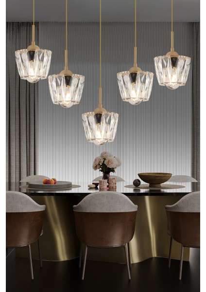 Fernando 5 Li Sıralı Eskitme Kristal Taşlı Salon Avize