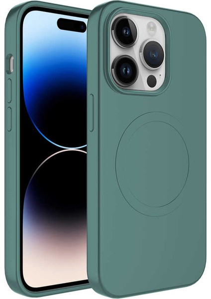 iPhone 13 Pro Max - Uyumlu Magsafe Wireless Şarj Özellikli Pastel Renk Silikon Zore Plas Kapak-Koyu Yeşil