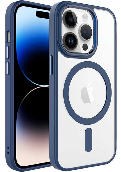 iPhone 14 Pro - Uyumlu Wireless Şarj Özellikli Zore Krom Magsafe Silikon Kapak-Lacivert