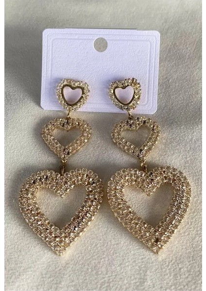 Altın Renk Kalp Detaylı Sallantılı Küpe