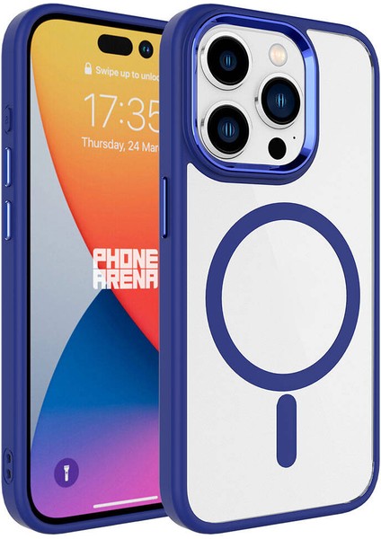 iPhone 15 Pro Max - Uyumlu Wireless Şarj Özellikli Zore Krom Magsafe Silikon Kapak-Lacivert