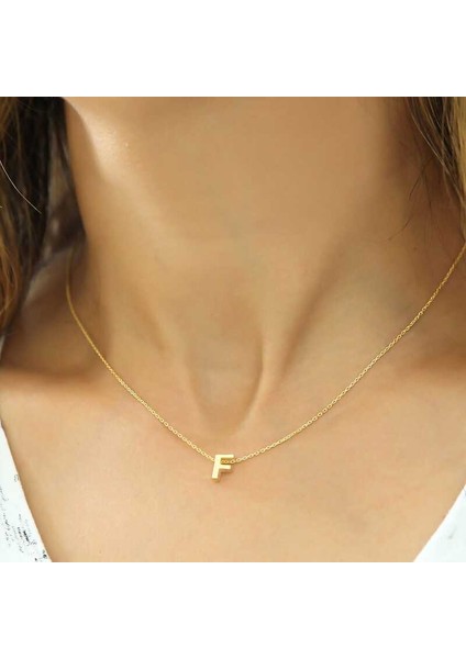Gümüş Gold 3 Boyutlu F Harf Bayan Kolye