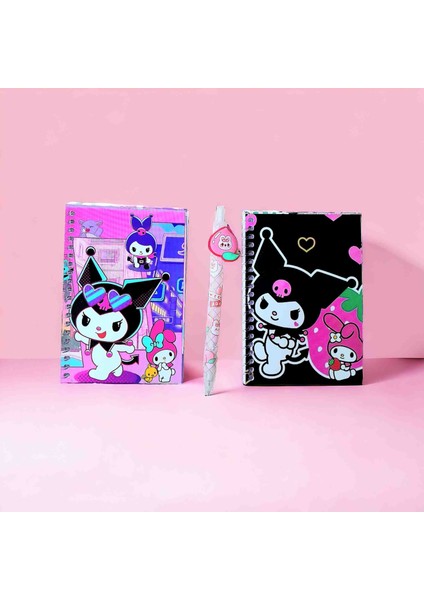 Sanrio Kuromi ve Arkadaslari 2 Adet Spiralli Not Defteri,1 Adet Kalem Seti